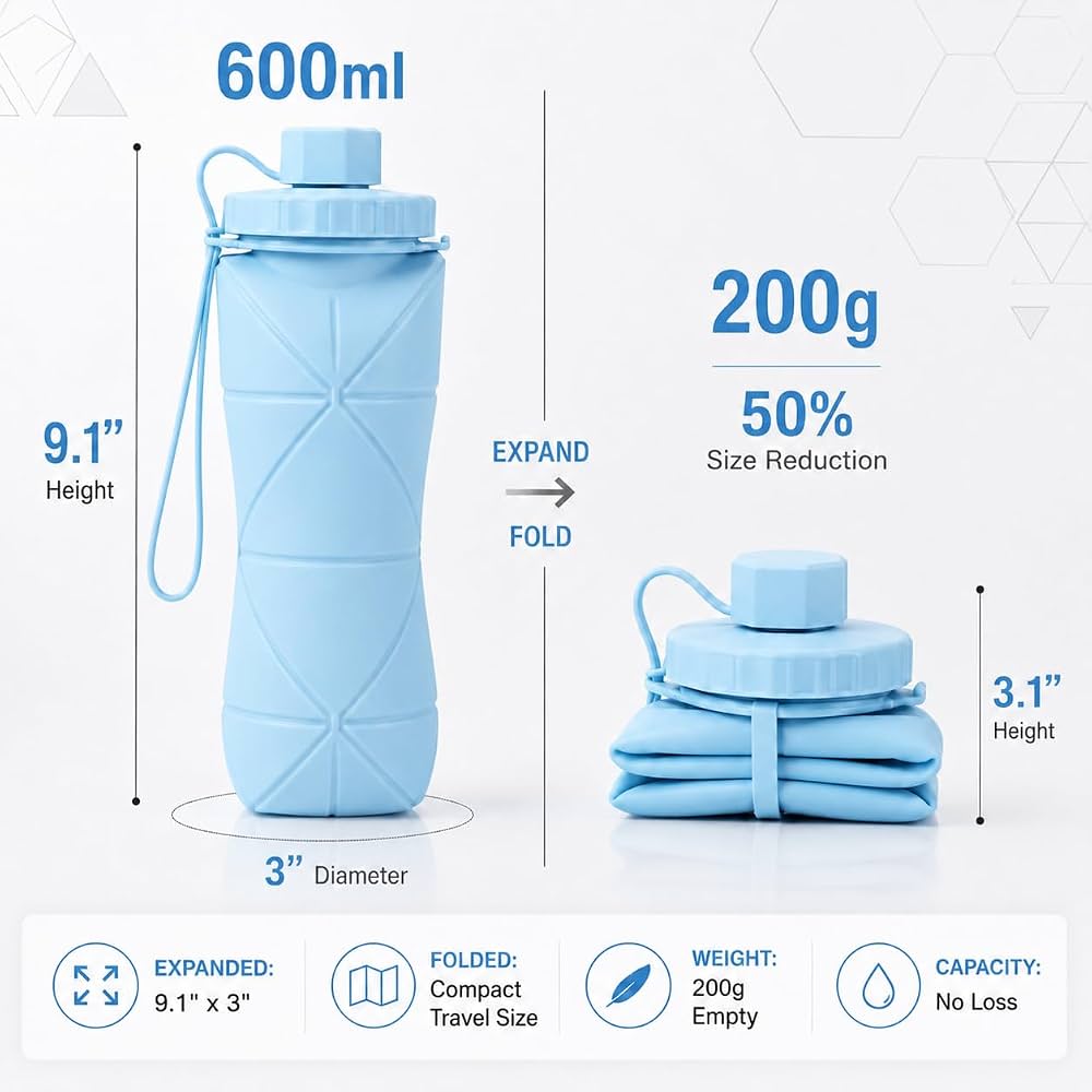 Collapsible Silicone Water Bottle – Leakproof BPA-Free Foldable Travel Bottle