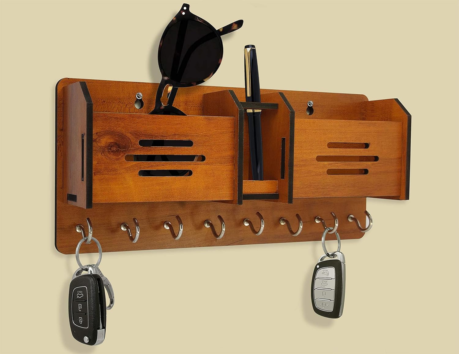 Wooden Wall Mounted Key Holder & Organizer with Storage Compartments