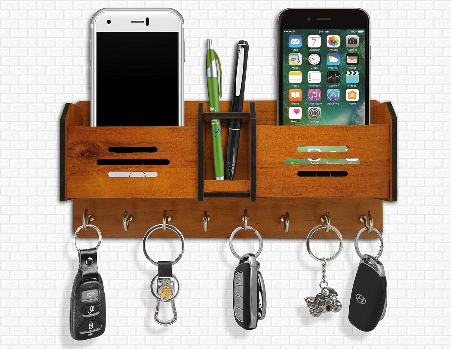 Wooden Wall Mounted Key Holder & Organizer with Storage Compartments